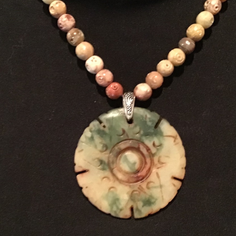 Asian Carved Stone Medallion Pendant Necklace